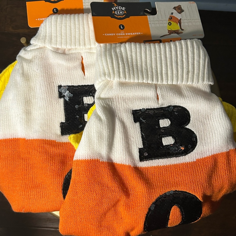 COPY - 2 Hyde & Eek Candy Corn “Boo” CT or Dog Halloween Sweater Sz L